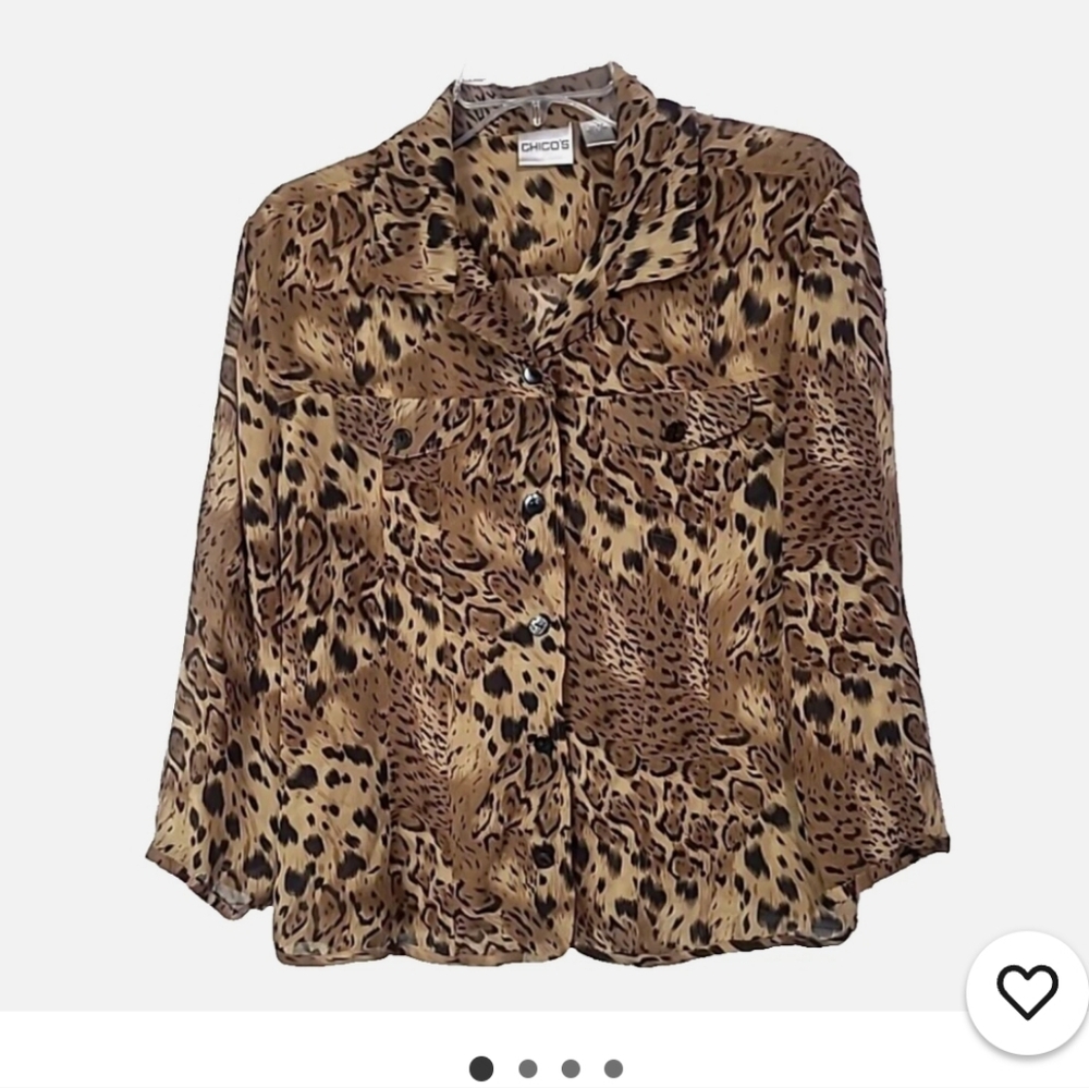 CHICO'S Women 100% Silk Shirt Leopard Print Long Sleeve Button Up Sz3(XL/16) Y2K